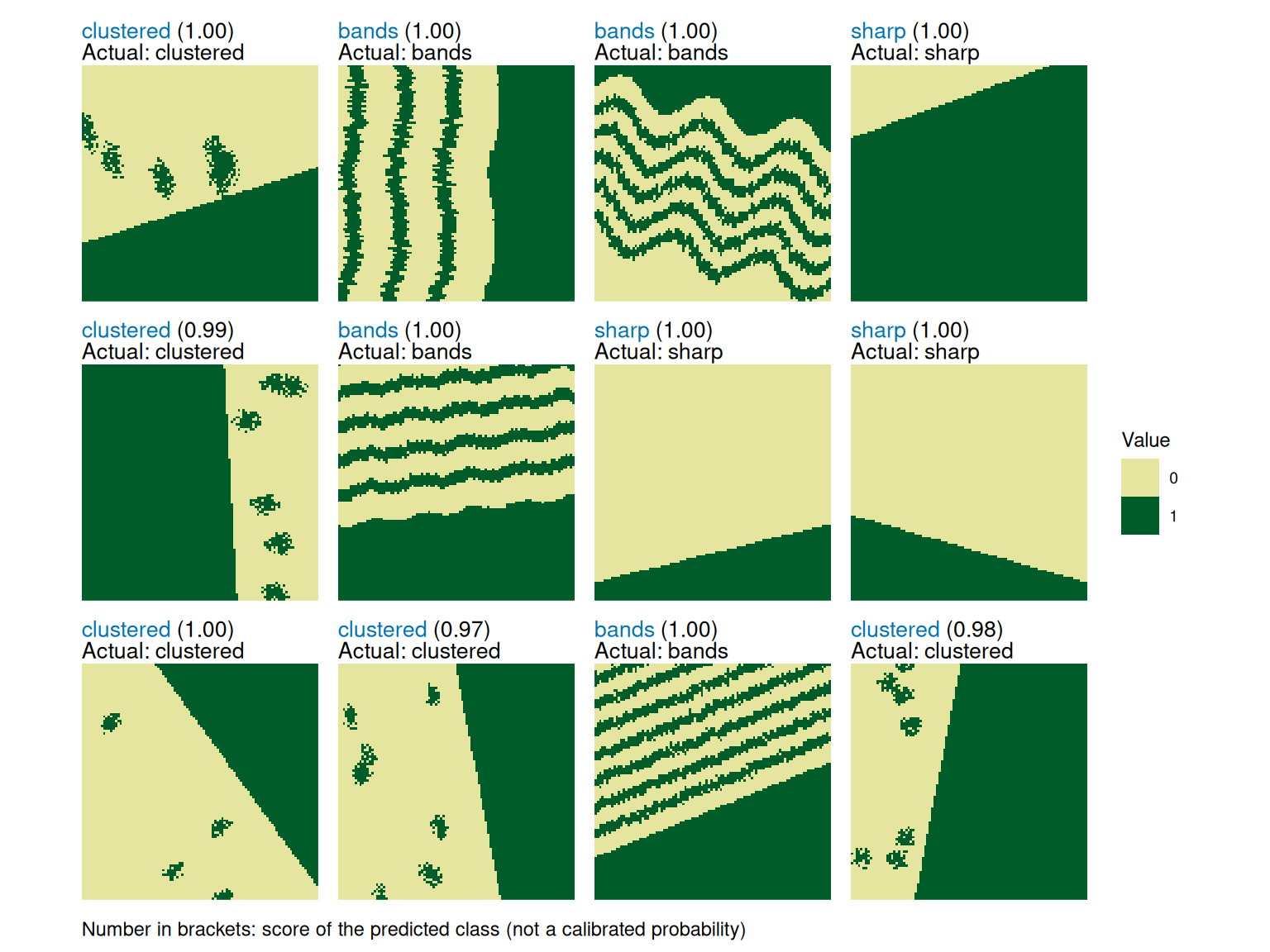 Twelve test landscapes labelled with their actual and predicted ecotone pattern classes