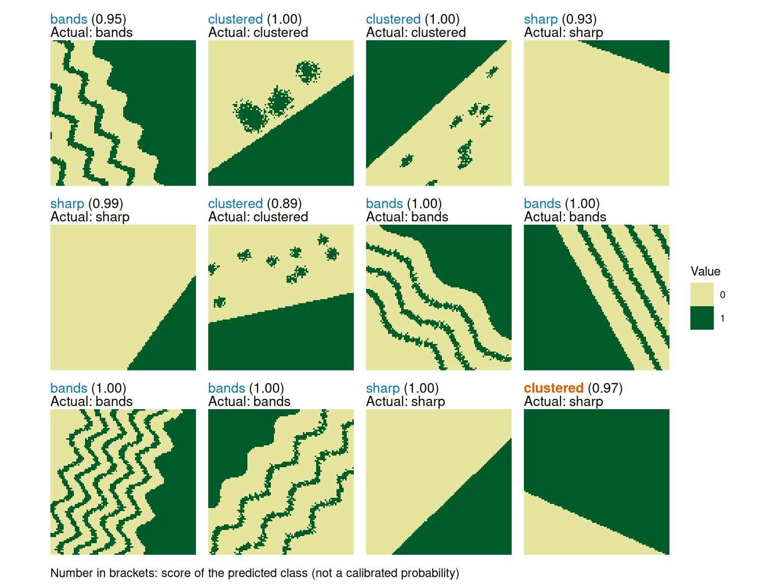 Twelve test landscapes labelled with their actual and predicted ecotone pattern classes