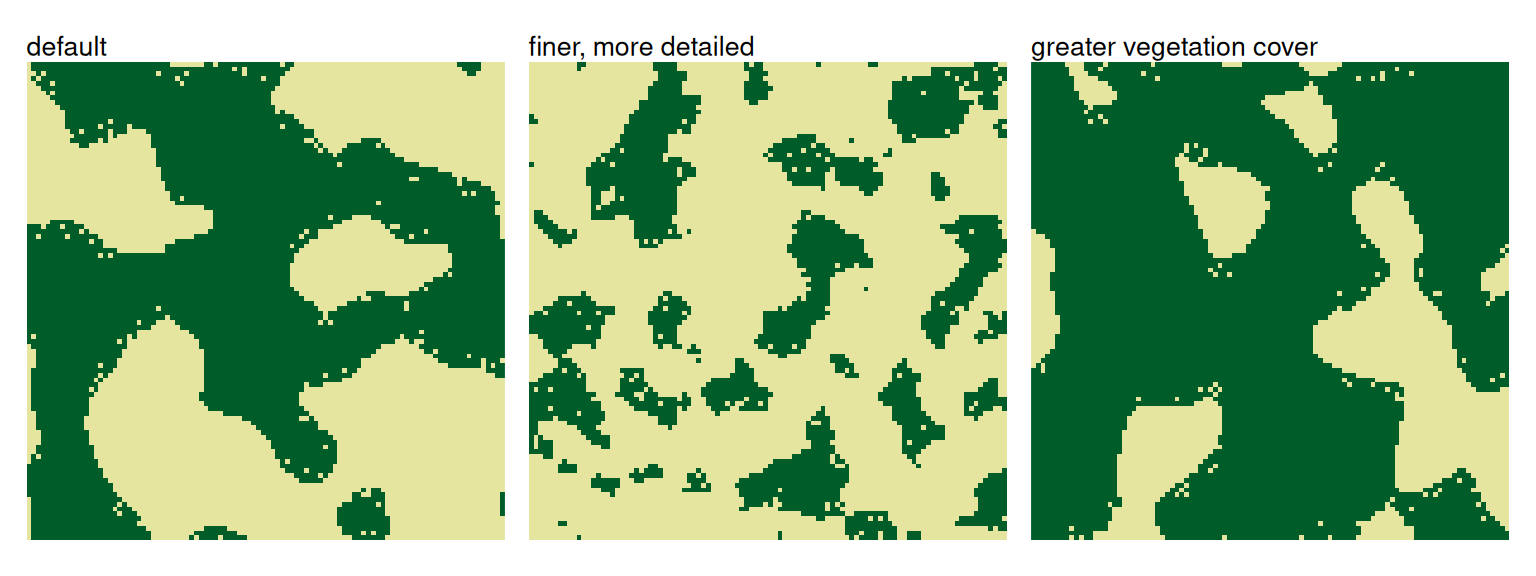 Three labyrinth landscapes: default, a finer maze, and a labyrinth with greater vegetation cover
