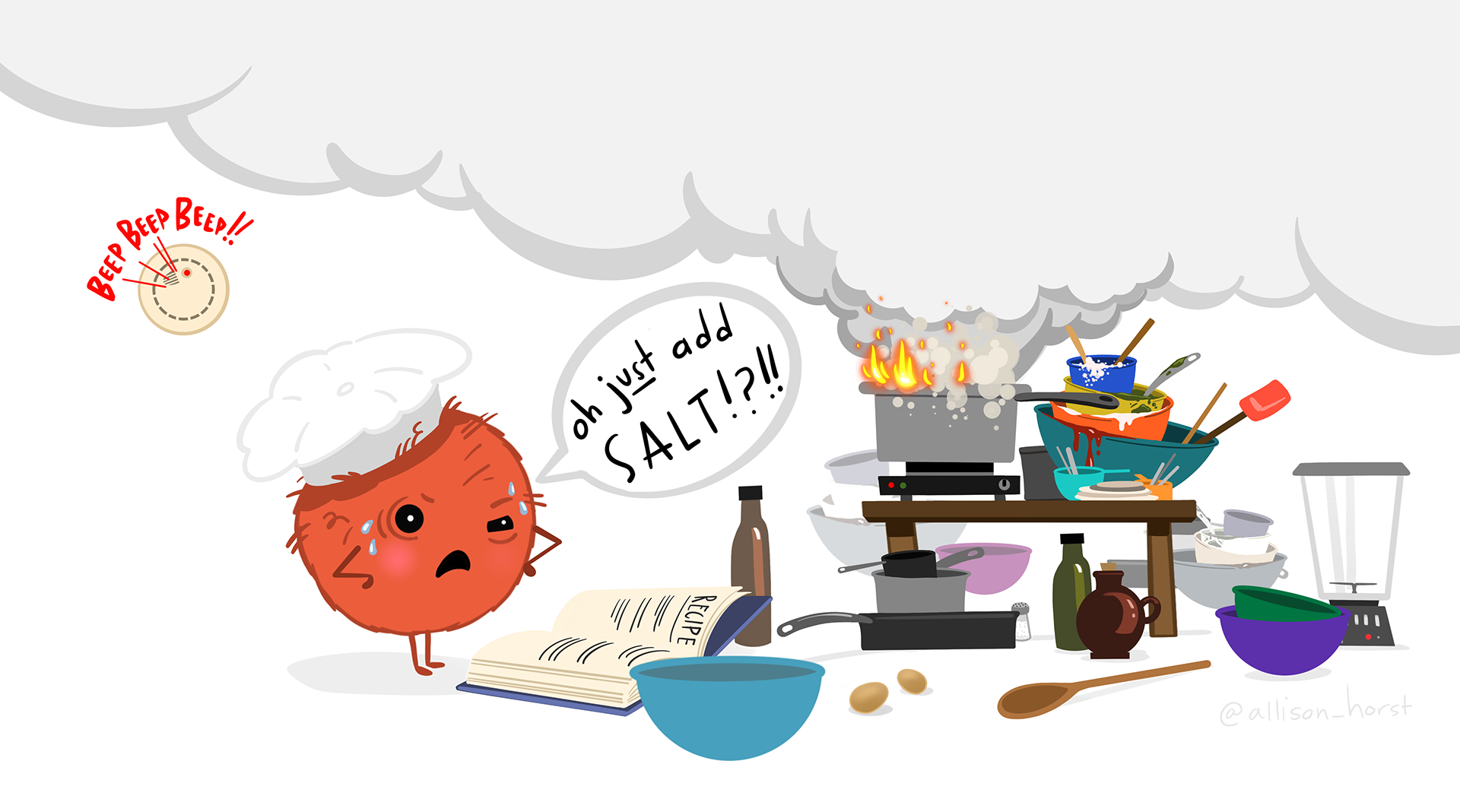 A frustrated looking little monster in front of a very disorganized cooking area, with smoke and fire coming from a pot surrounded by a mess of bowls, utensils, and scattered ingredients.